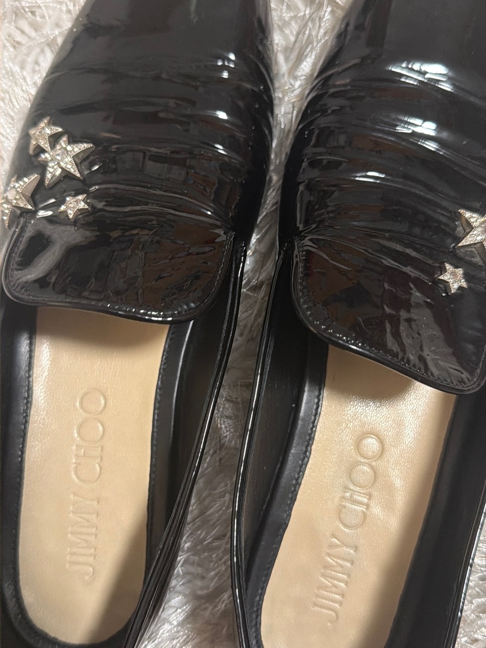 Jimmy Choo Black Patent Loafers with Silver Crystal Stars